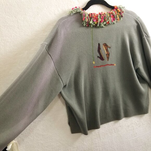 Debra Murray W M Vtg olive Wearable Art Hand Painted Shoe-Print Knit Cardigan - Picture 10 of 16